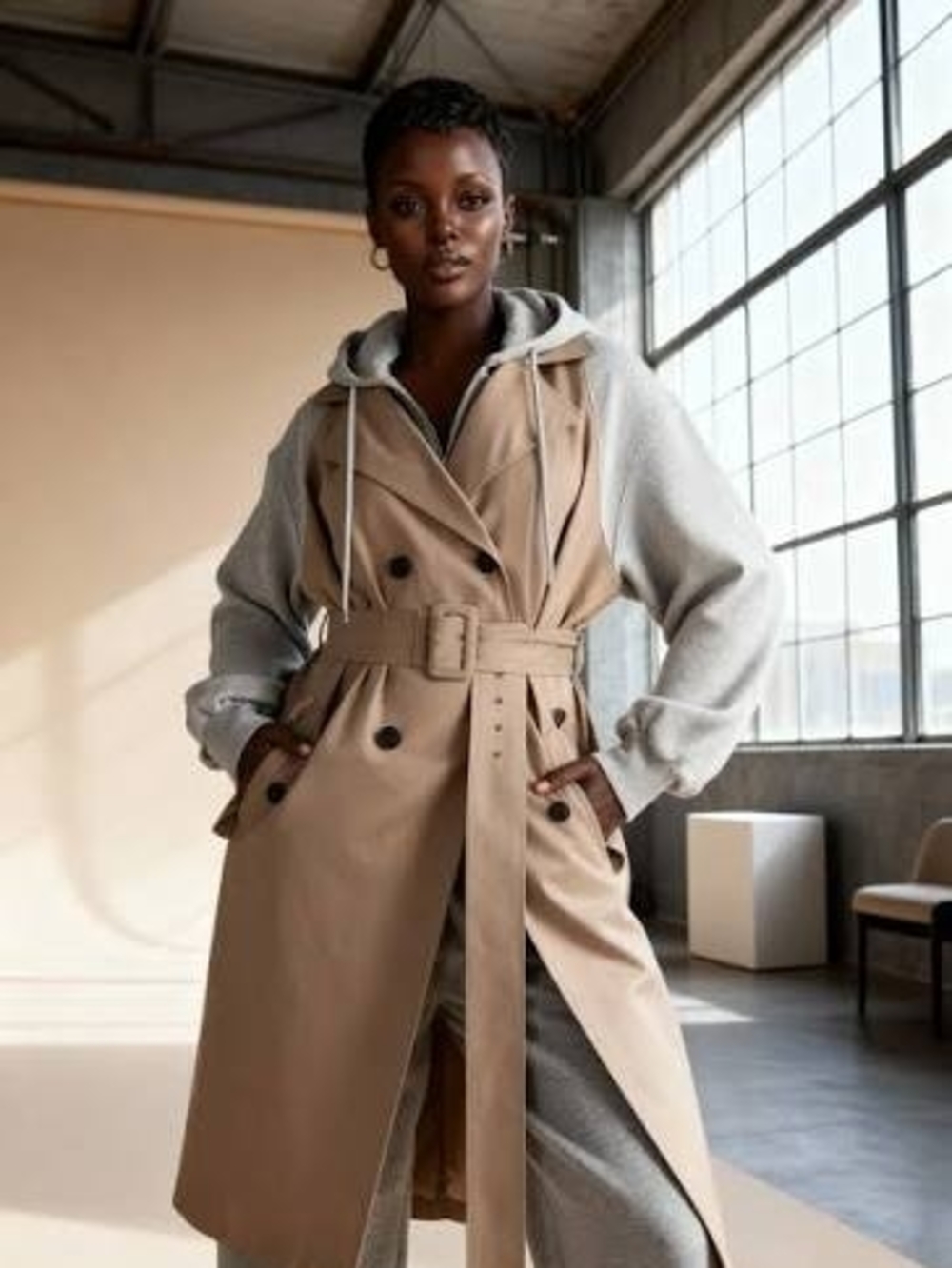 Belted Beige Trench Vest with Light Gray Hoodie Sleeves